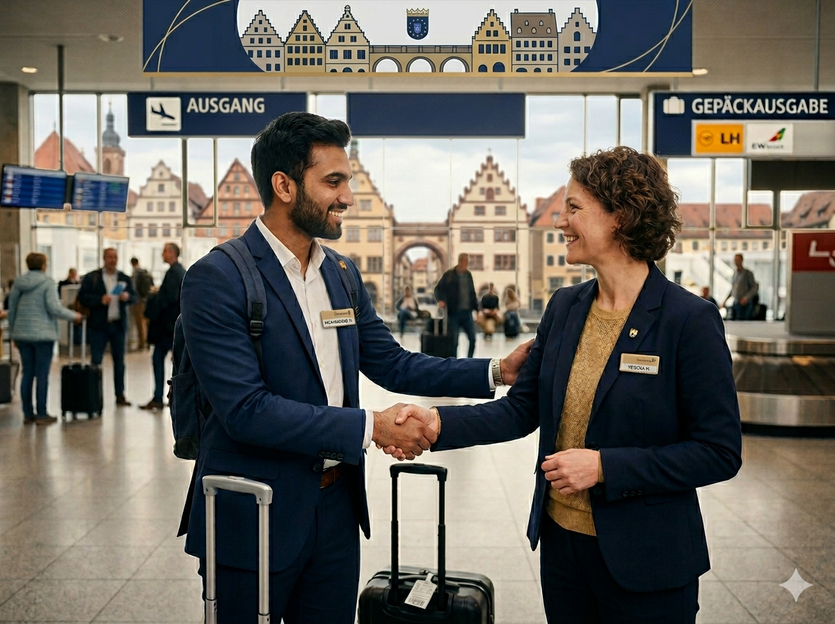 Internationale Fachkraft kommt in Deutschland an und wird von ICPartners empfangen